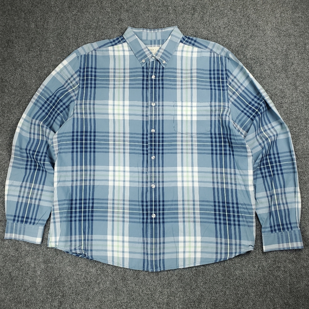 Life After Denim Shirt Mens 2XL Button Down Blue White Plaid Preppy Casual